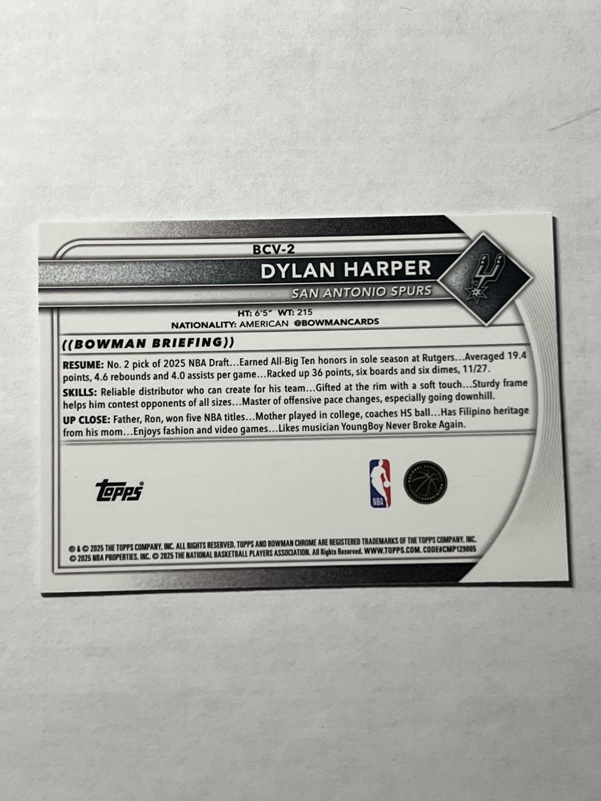 #BCV-2 Dylan Harper 2025 Bowman Spurs Chrome Mojo Refractor RC