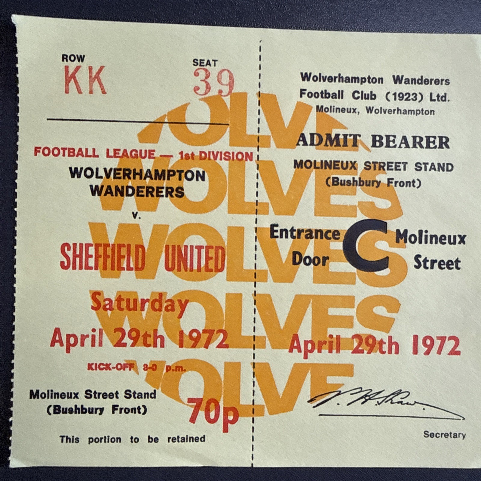 Wolverhampton Wanderers v Sheffield United(Division 1 71/2) 29/4/72 Ticket