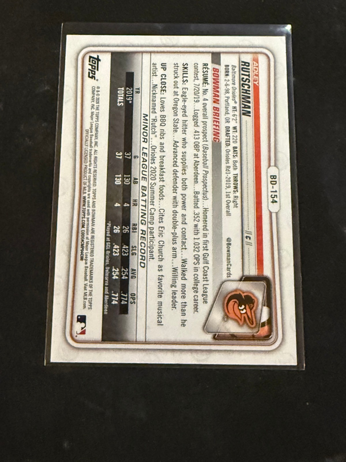 2020 Bowman Draft 1st Edition Adley Rutschman Yellow Foil /75 #BD154