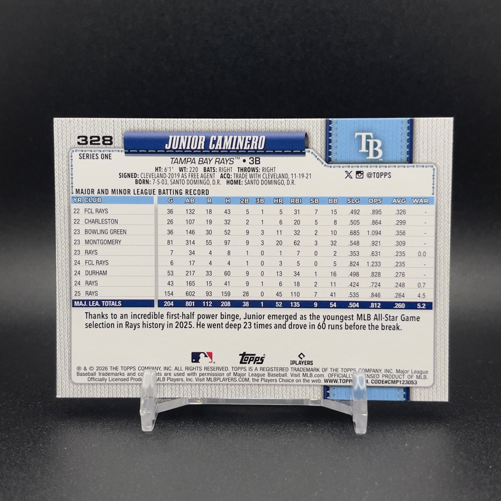 Junior Caminero 2026 Topps Series One #328 Tampa Bay Rays