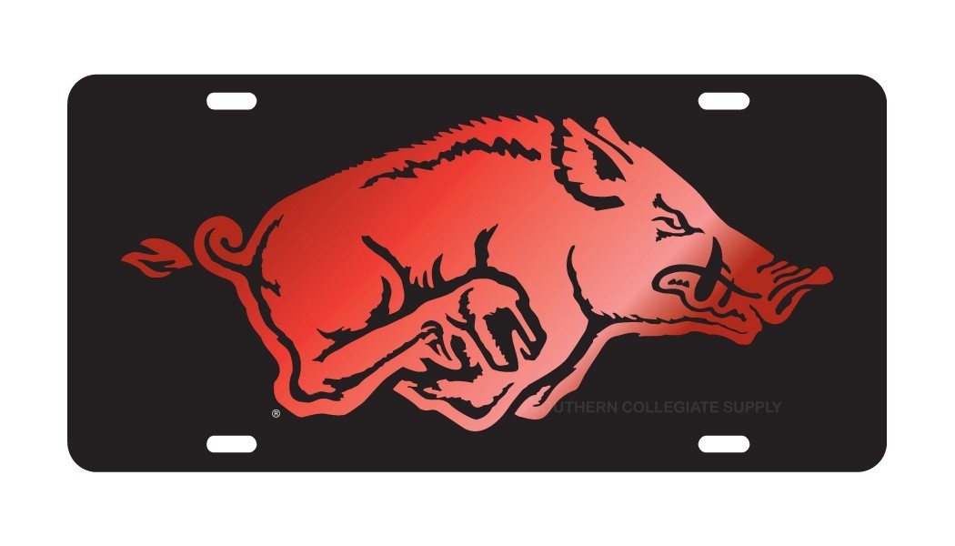 ARKANSAS Razorbacks Black, Red Mirrored Running Hog License Plate / Car Tag