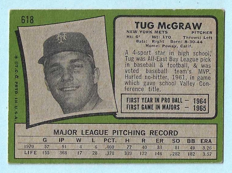 1971 Topps #618 Tug McGraw New York Mets EXCELLENT COMPLETE SETBREAK