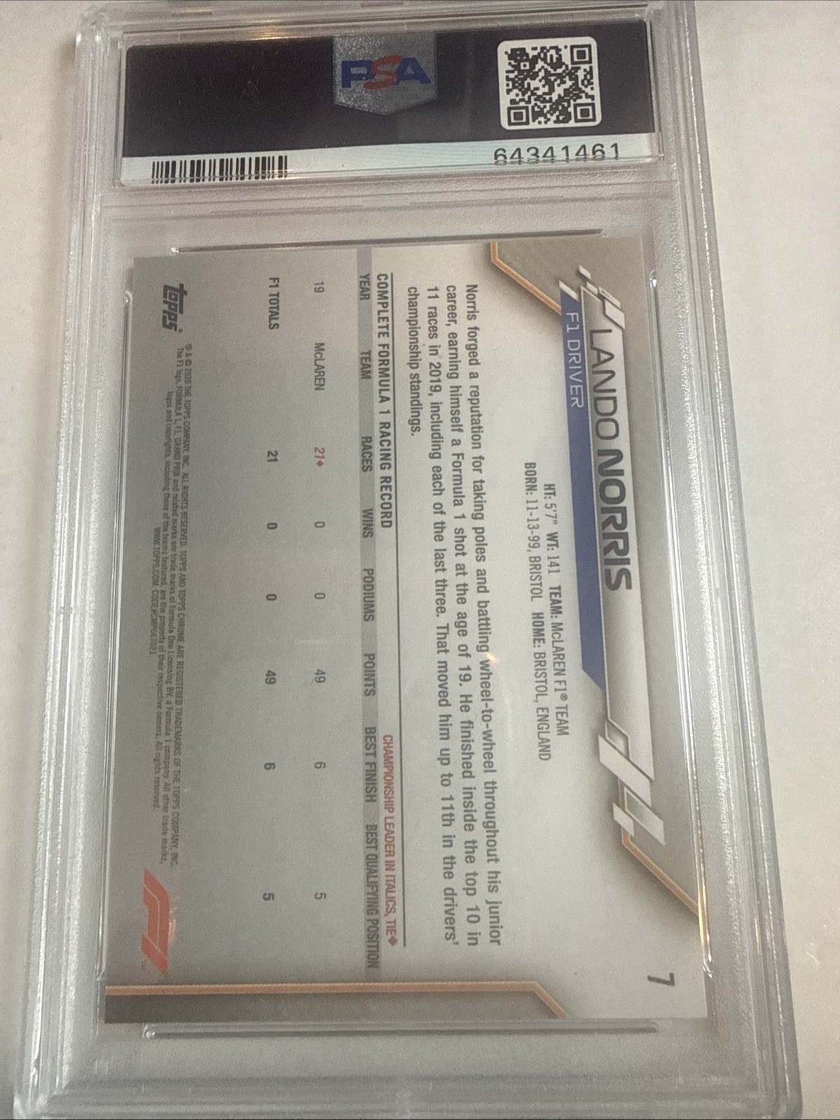 2020 Topps Chrome Formula 1 Lando Norris Sapphire Edition PSA 10 #7 Rookie RC F1