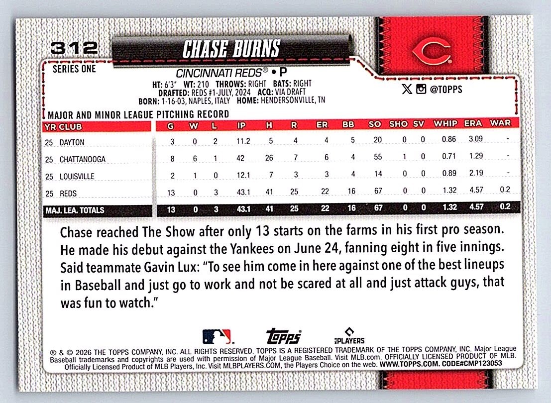 CHASE BURNS REDS RC 2026 TOPPS SERIES 1 #312