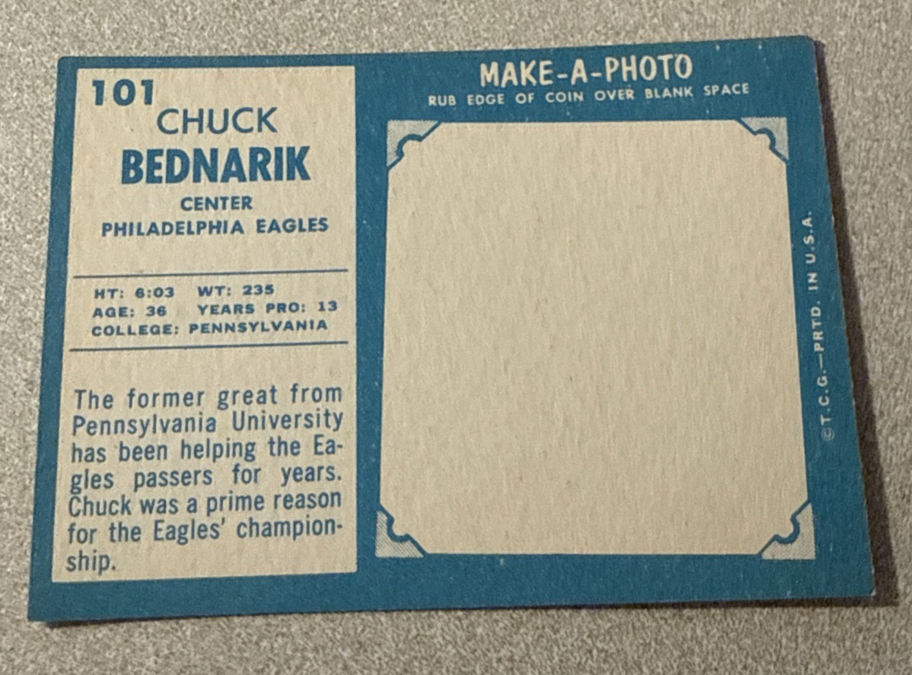 1961 Topps Chuck Bednarik #101 Eagles