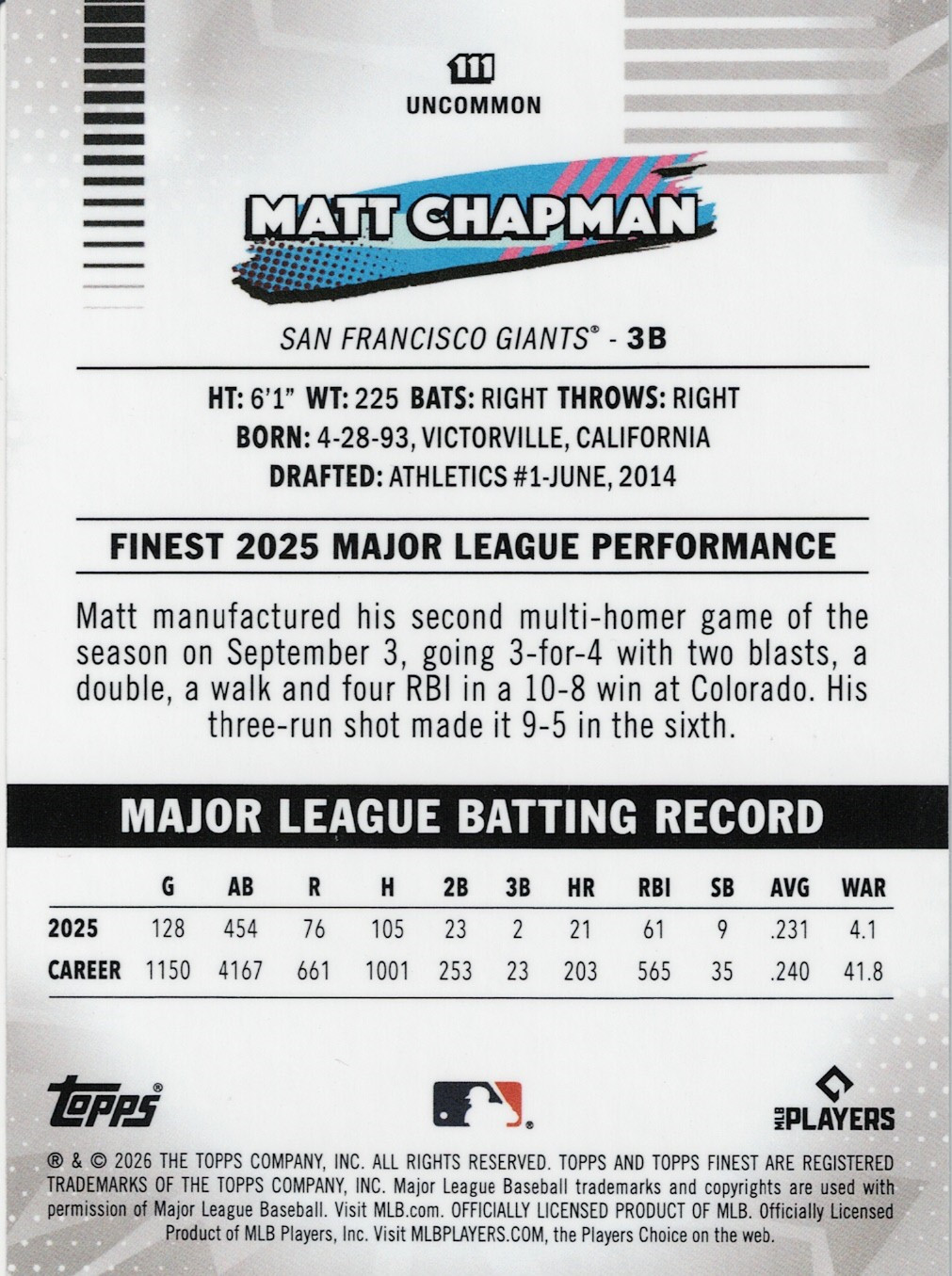 Matt Chapman 2026 Topps Finest Uncommon #111 San Francisco Giants b03