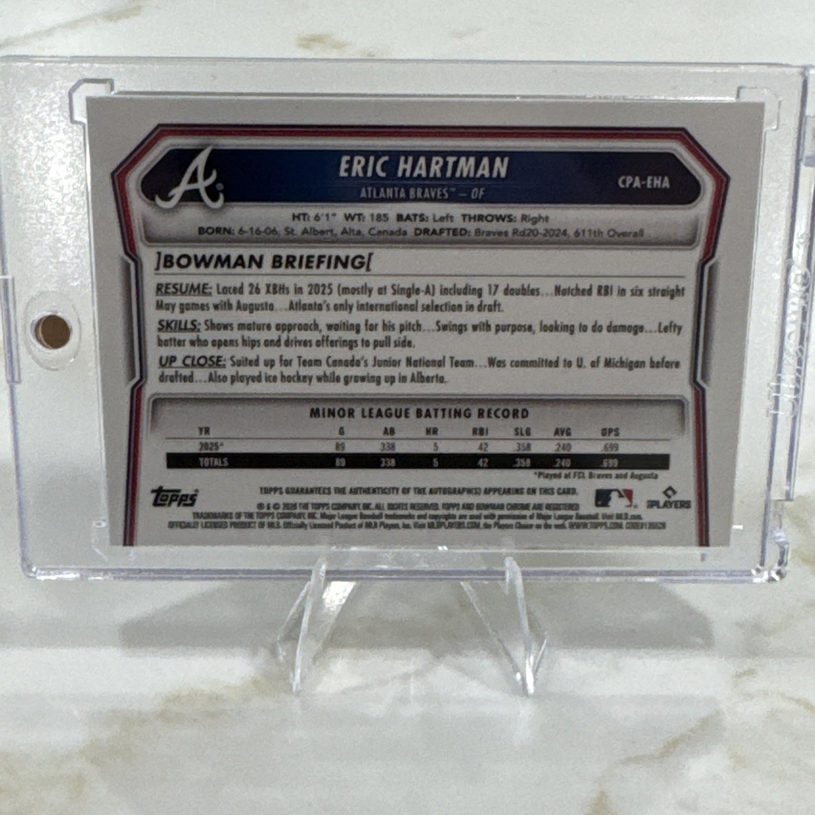 2026 Bowman Chrome Green Shimmer Autograph Eric Hartman 71/99 Braves