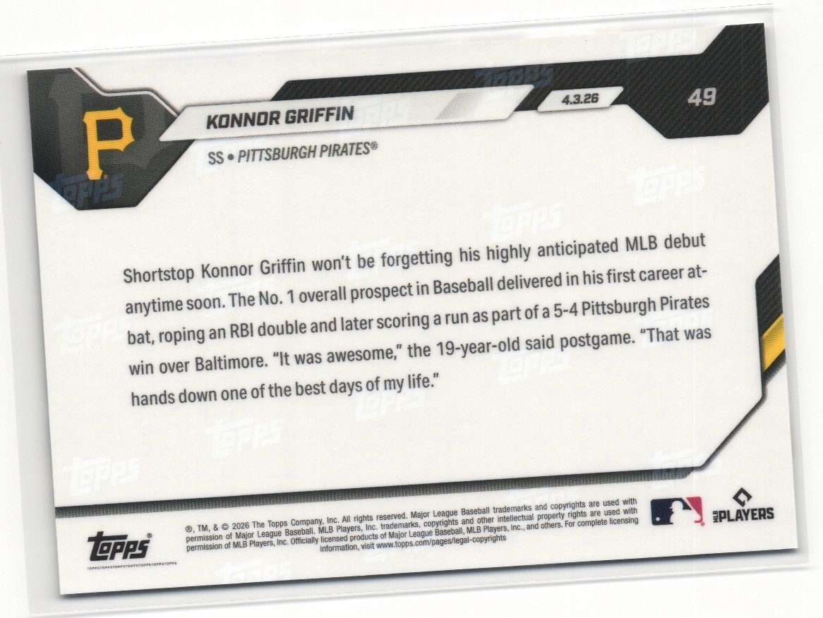 Konnor Griffin 2026 MLB Topps NOW Rookie Card #49 Pittsburgh Pirates Debut RC