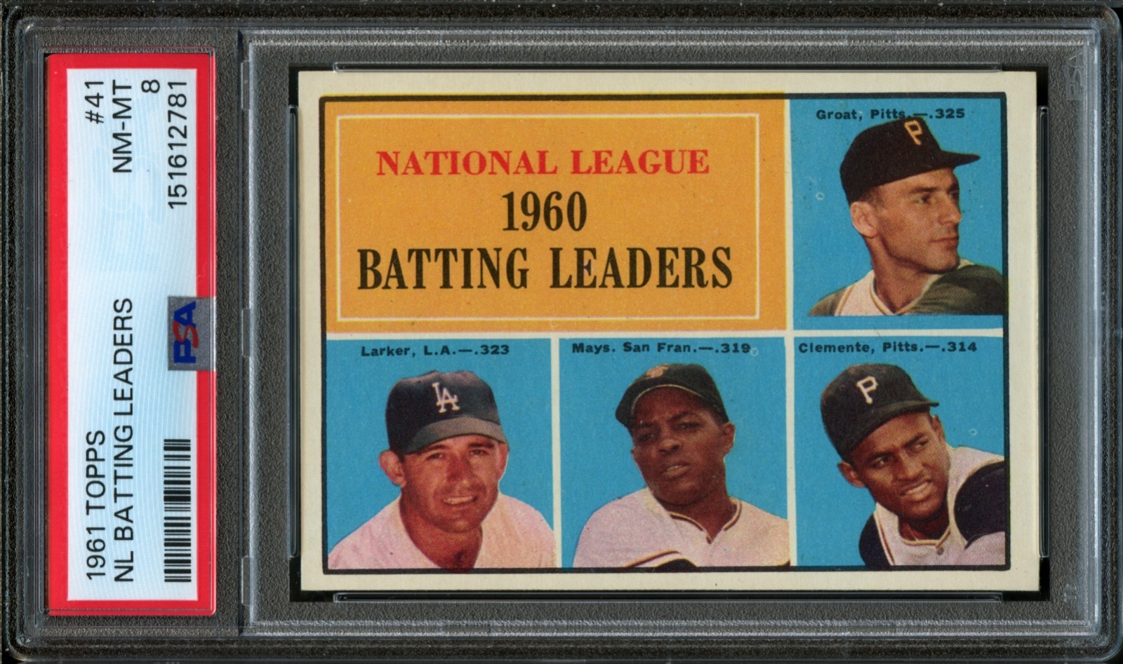 1961 Topps #41 NL Batting Leaders Clemente/Mays PSA 8