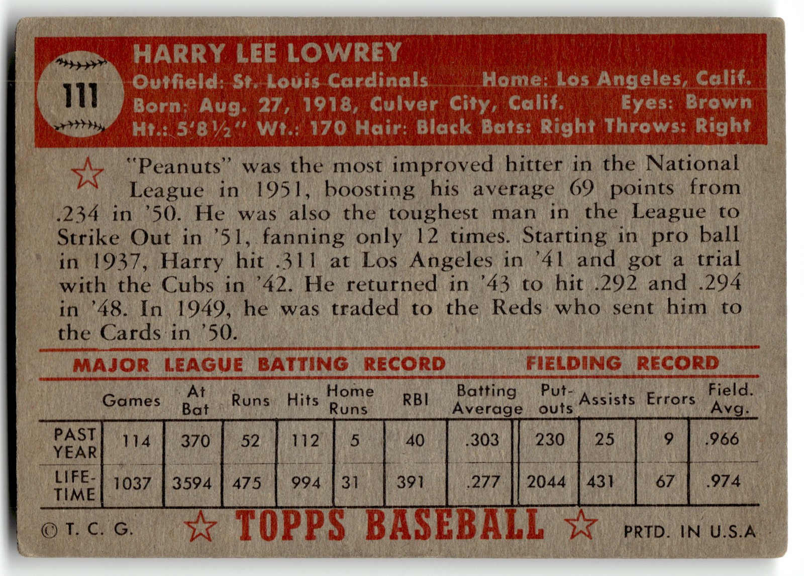 1952 Topps #111 Peanuts Lowrey